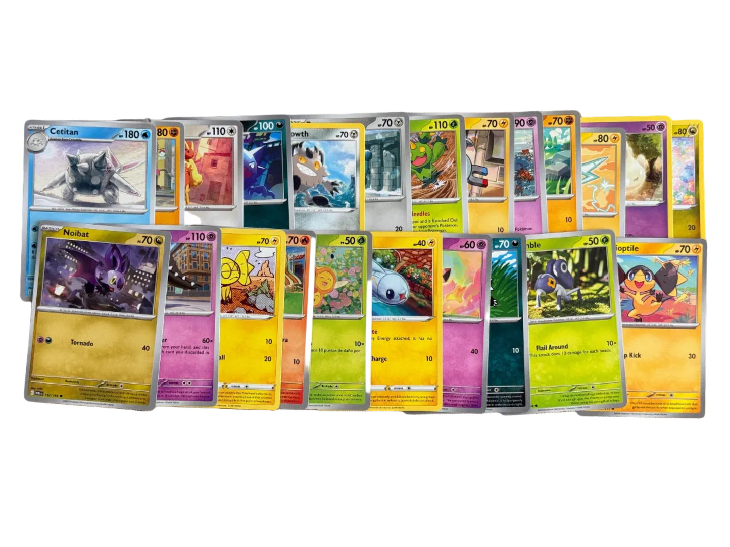 Collection of Pokemon trading cards on a white background