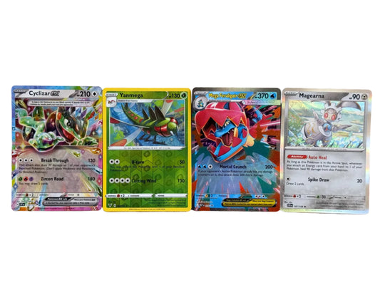Four Pokemon trading cards with a white background
