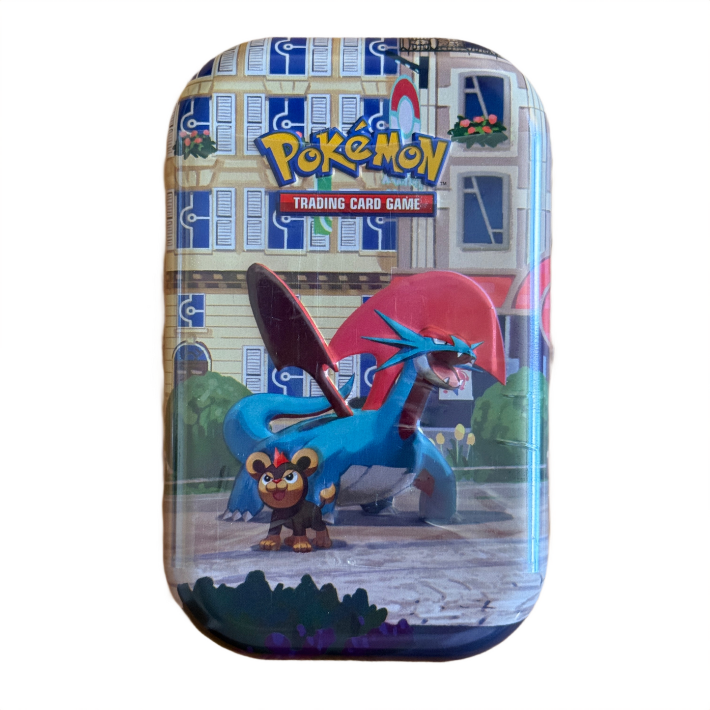 Lumiose City Mini Tin with Pokemon characters on the front on a white background