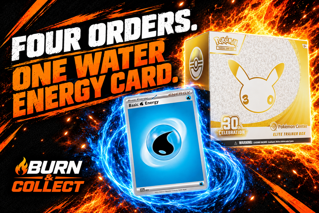 Burn & Collect blog cover with a 30th Celebration Elite Trainer Box and Water Energy card, titled “Four orders. One Water Energy card.”