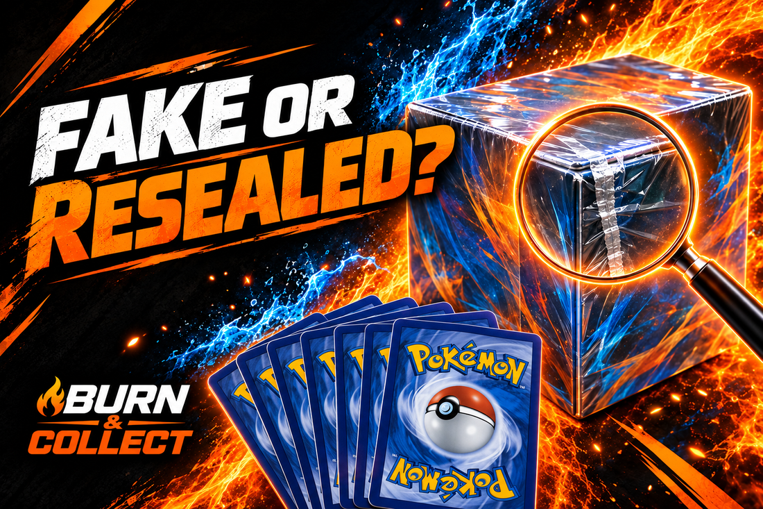 Graphic reading “Fake or Resealed?” beside a booster box with a magnified seal and a fan of Pokémon card backs, framed by flames and the Burn & Collect logo.