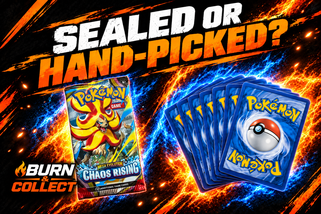 Illustrated cover showing a Chaos Rising booster pack beside Pokémon card backs under the headline “Sealed or Hand-Picked?”