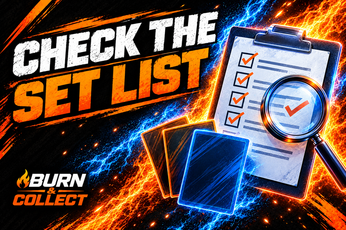 Burn & Collect blog cover showing a Pokémon card-set checklist under a magnifying glass with the headline “Check the Set List.”