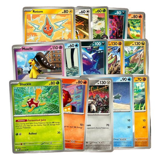 Pokémon starter taste pack cards spread out – commons, uncommons and holo included
