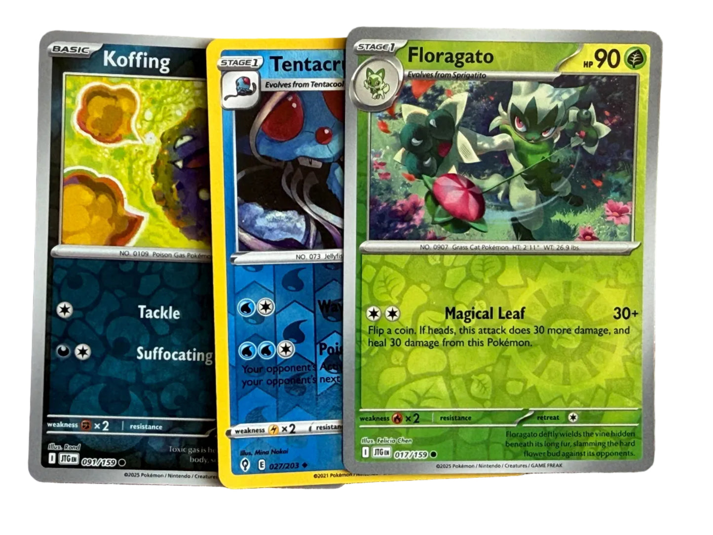 Three Pokémon trading cards with a white background.