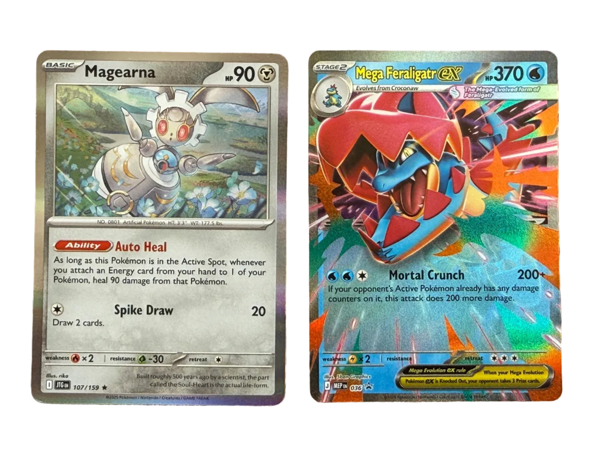 Two trading cards, 'Magearna' and 'Mega Feraligatr EX', with white background.