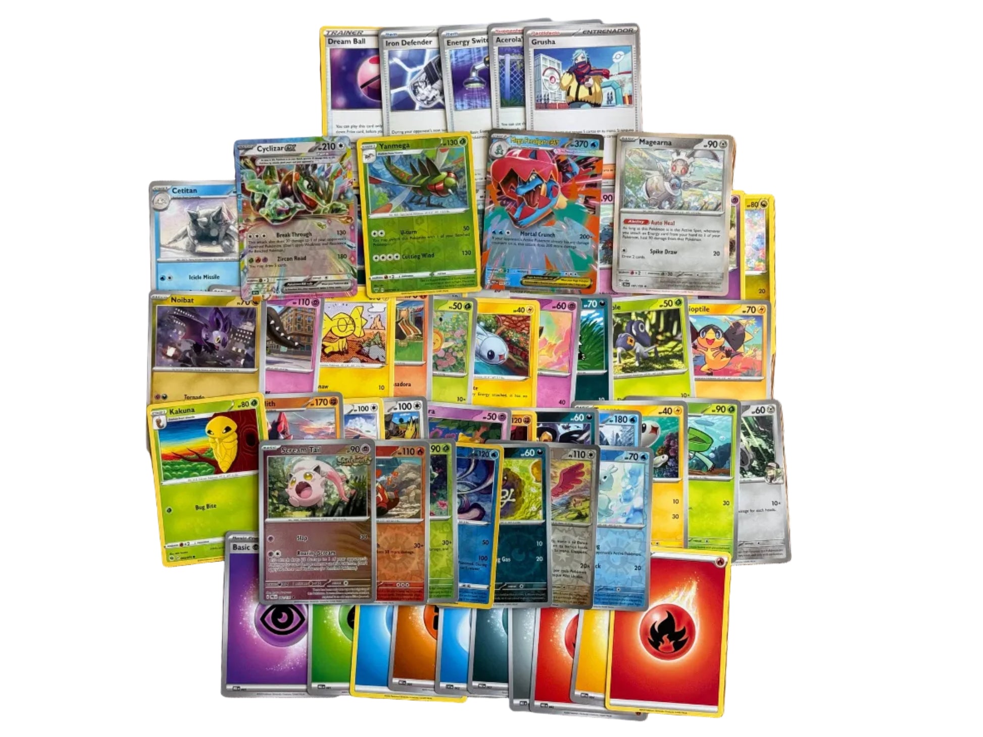 Collection of various Pokemon trading cards on a white background