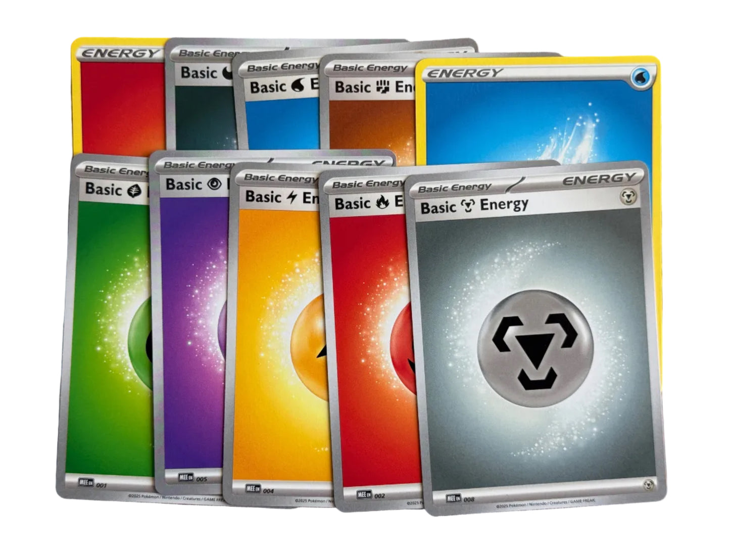 Collection of Pokemon trading cards with colourful designs and energy symbols on a white background