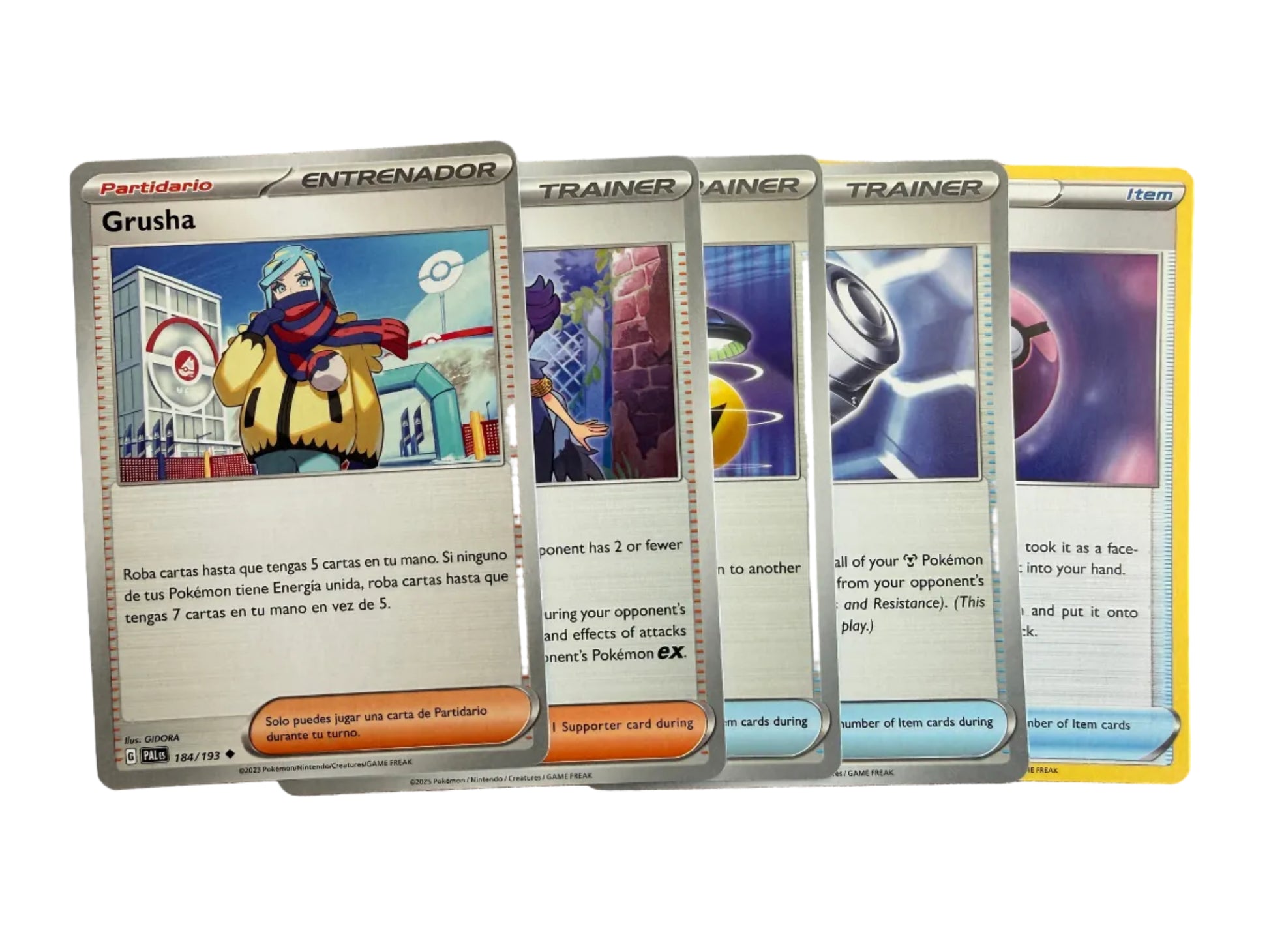 Collection of Pokemon trading cards with various designs on a white background