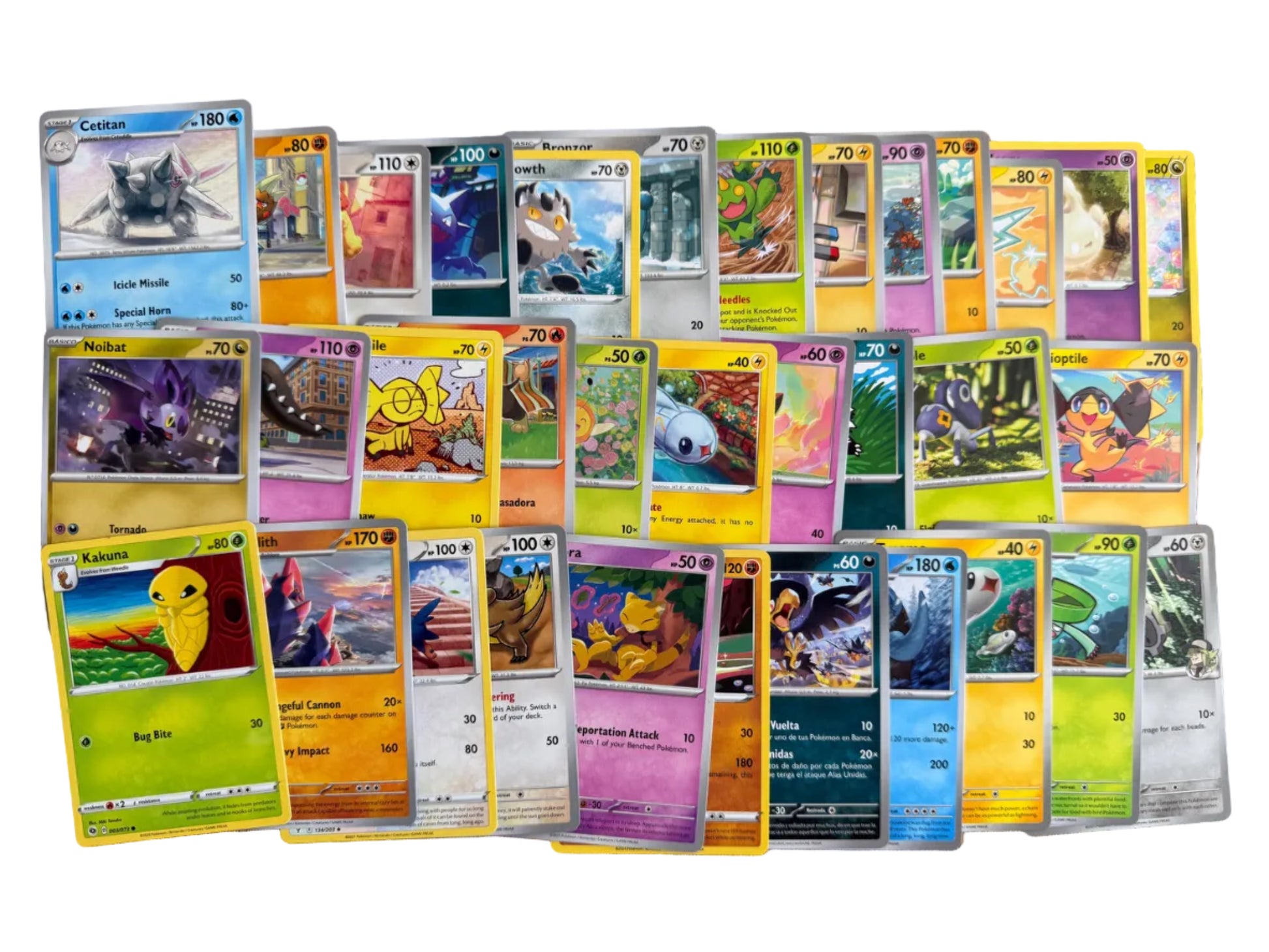 Collection of various Pokemon trading cards with a white background