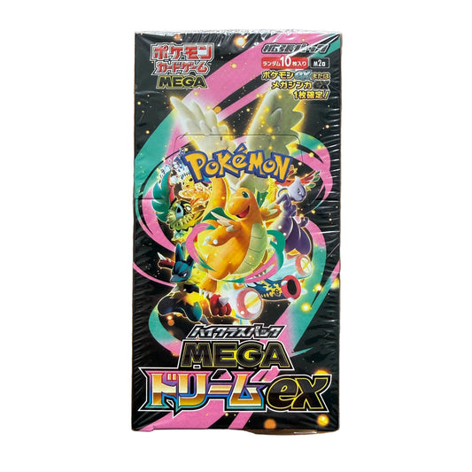 A sealed Pokémon MEGA Dragoon EX booster box standing upright on a wooden surface. The box features colorful artwork with Eevee, Dragonite, and other Pokémon, plus prominent Japanese text including 'ポケモン' and 'MEGA ドラゴンEX'.