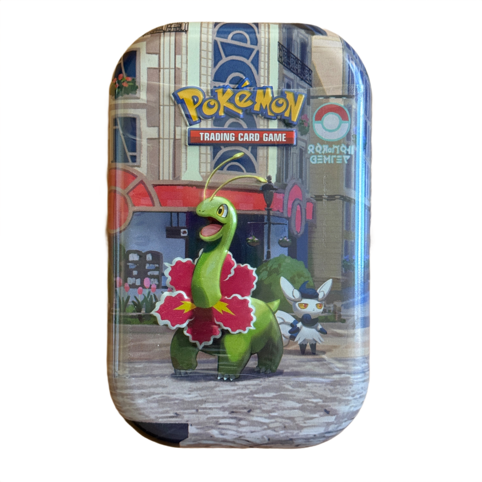 Lumiose City Mini Tin with Pokemon characters on the front on a white background