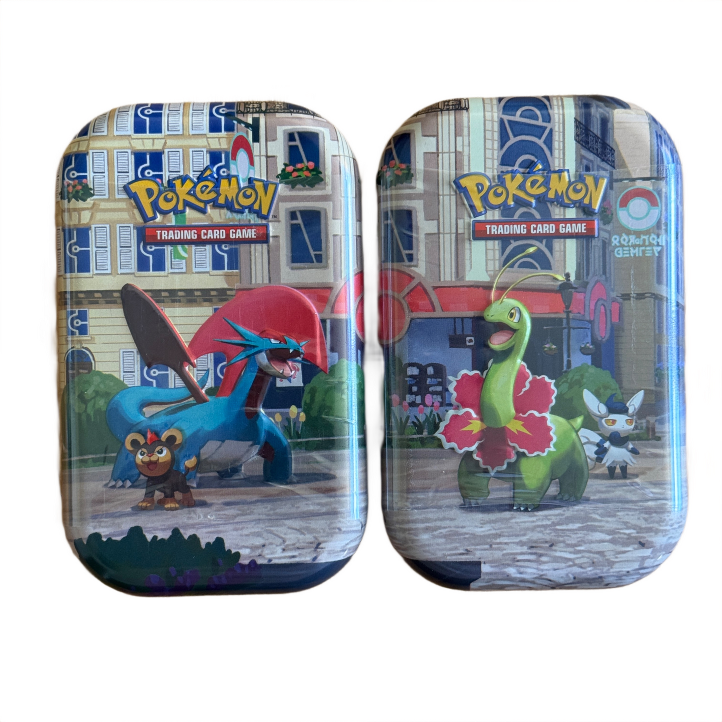 Lumiose City Mini Tins with Pokemon characters on the front on a white background