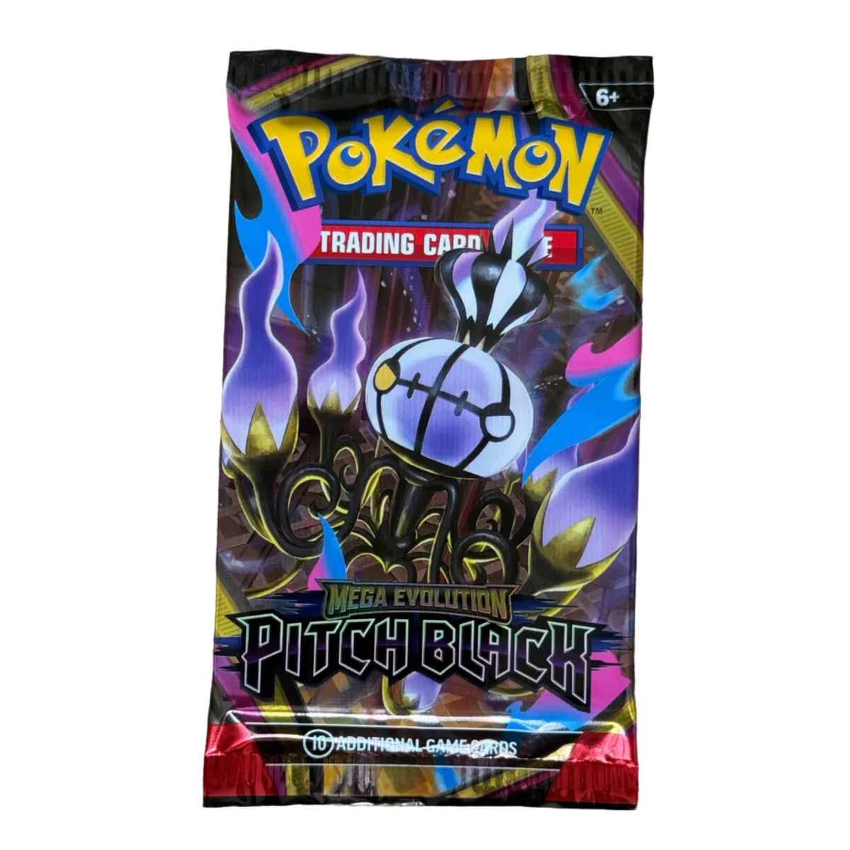 A sealed Pokémon Trading Card Game booster pack for the Mega Evolution Pitch Black expansion, on white background.