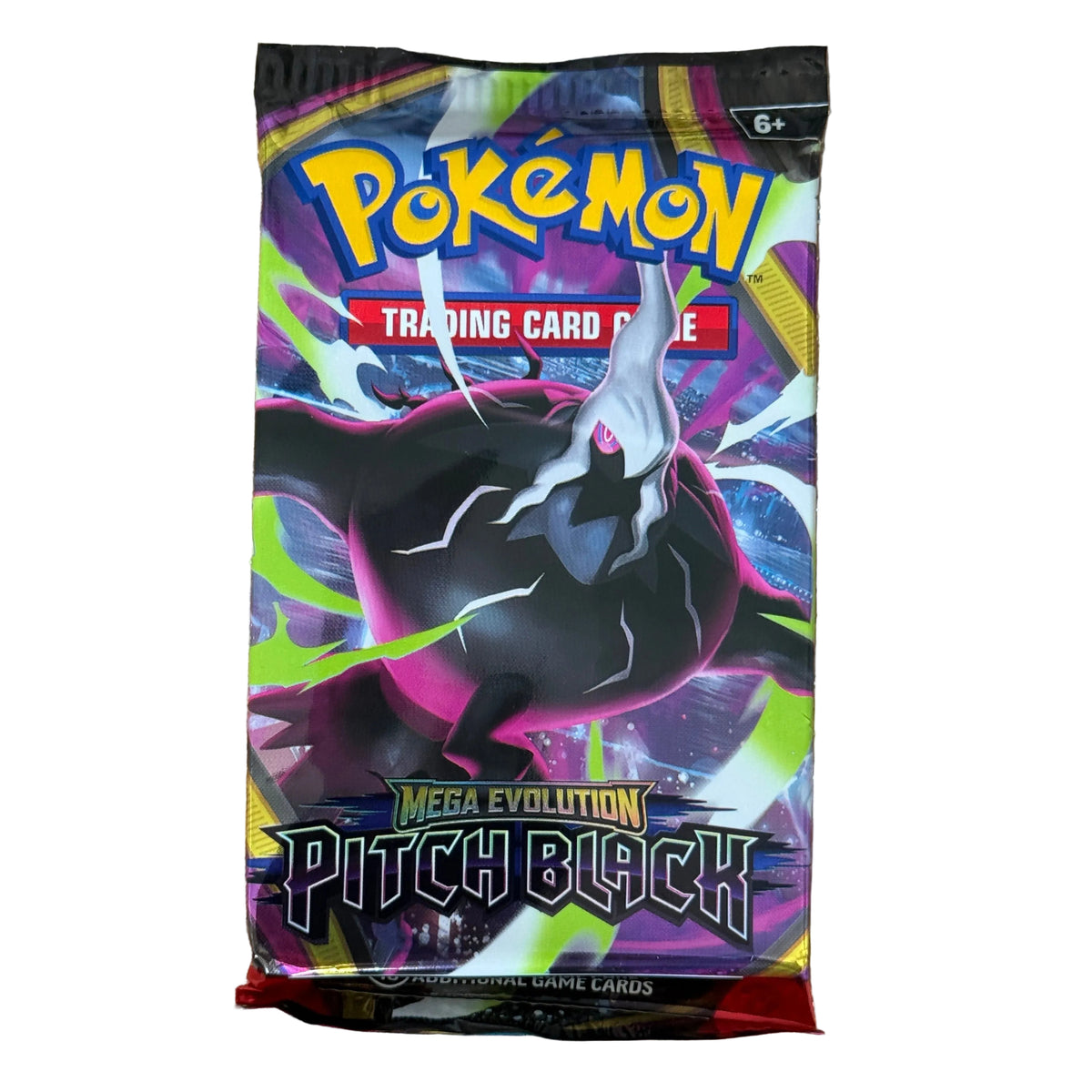 A sealed Pokémon Trading Card Game booster pack for Pitch Black Mega Evolution, white white background.