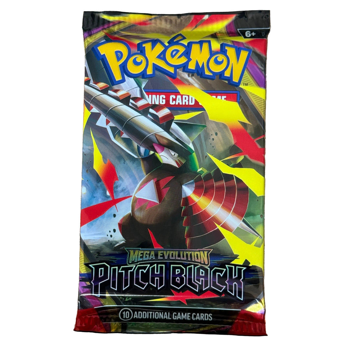 A sealed Pokémon Trading Card Game Mega Evolution Pitch Black booster pack standing upright with a white background.