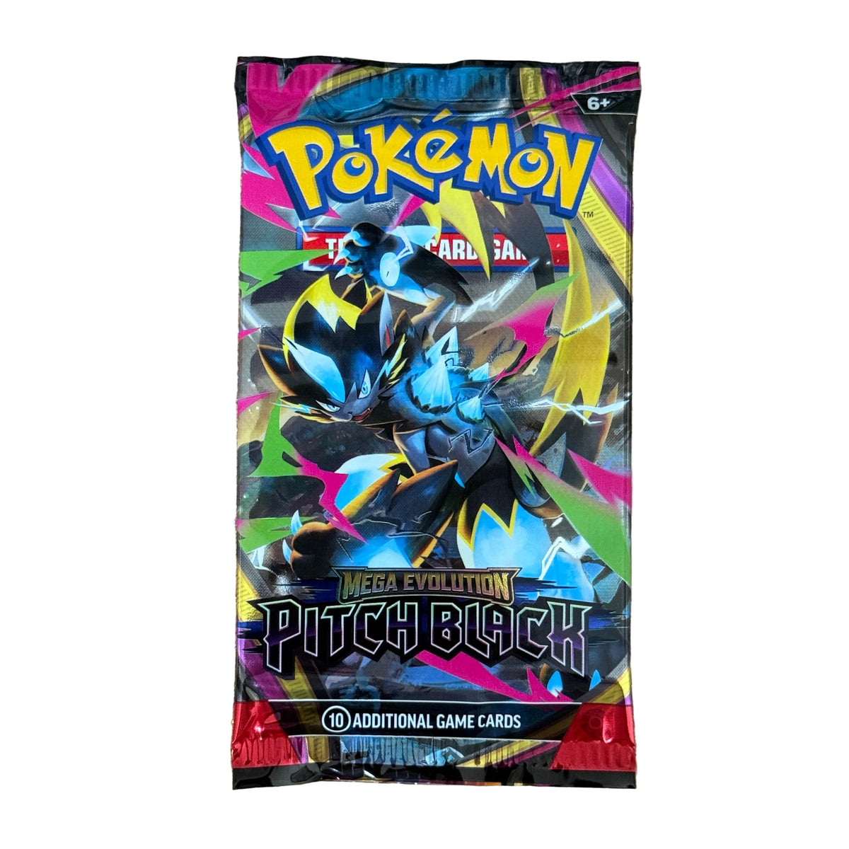 A sealed Pokémon TCG booster pack for Mega Evolution Pitch Black, featuring a colorful graphic of the character on the front, photographed flat on a white background.