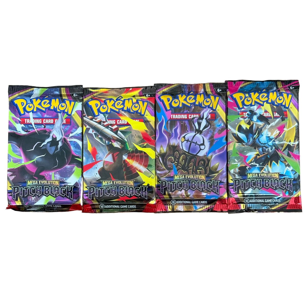 Four Pokémon Mega Evolution Trading Card Game booster packs lined up on a white background. The packs feature vibrant, colorful artwork for Pitch Black.