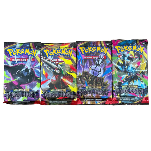 Four Pokémon Mega Evolution Trading Card Game booster packs lined up on a white background. The packs feature vibrant, colorful artwork for Pitch Black.